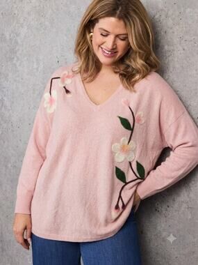 Aaeda 3X Soft Blush Pink Floral Felted Knit Sweater Dolman V Neck NWT Plus Size